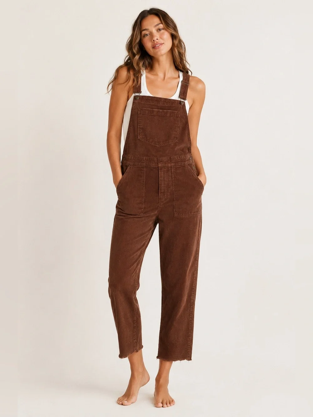 Aerie Brown Corduroy Cropped Overalls Utility Jumpsuit Raw Hem Medium - Picture 1 of 13